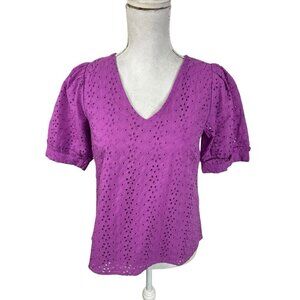 Draper James Women's XS Puff Sleeve Eyelet Lace Blouse Top‎ Violet NWT